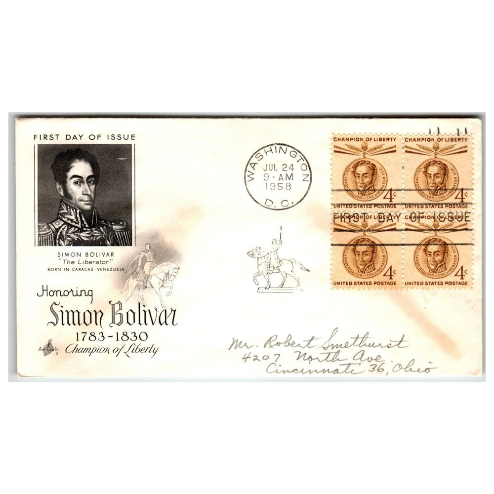 Scott #1114 1958 Simon Bolivar First Day Cover FDC Artcraft Engraved